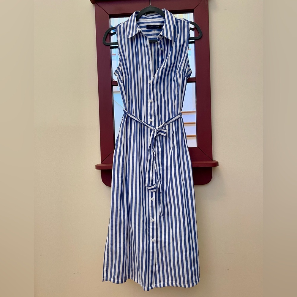 Tommy Hilfiger Blue and White Striped Sleeveless Midi Shirt Dress